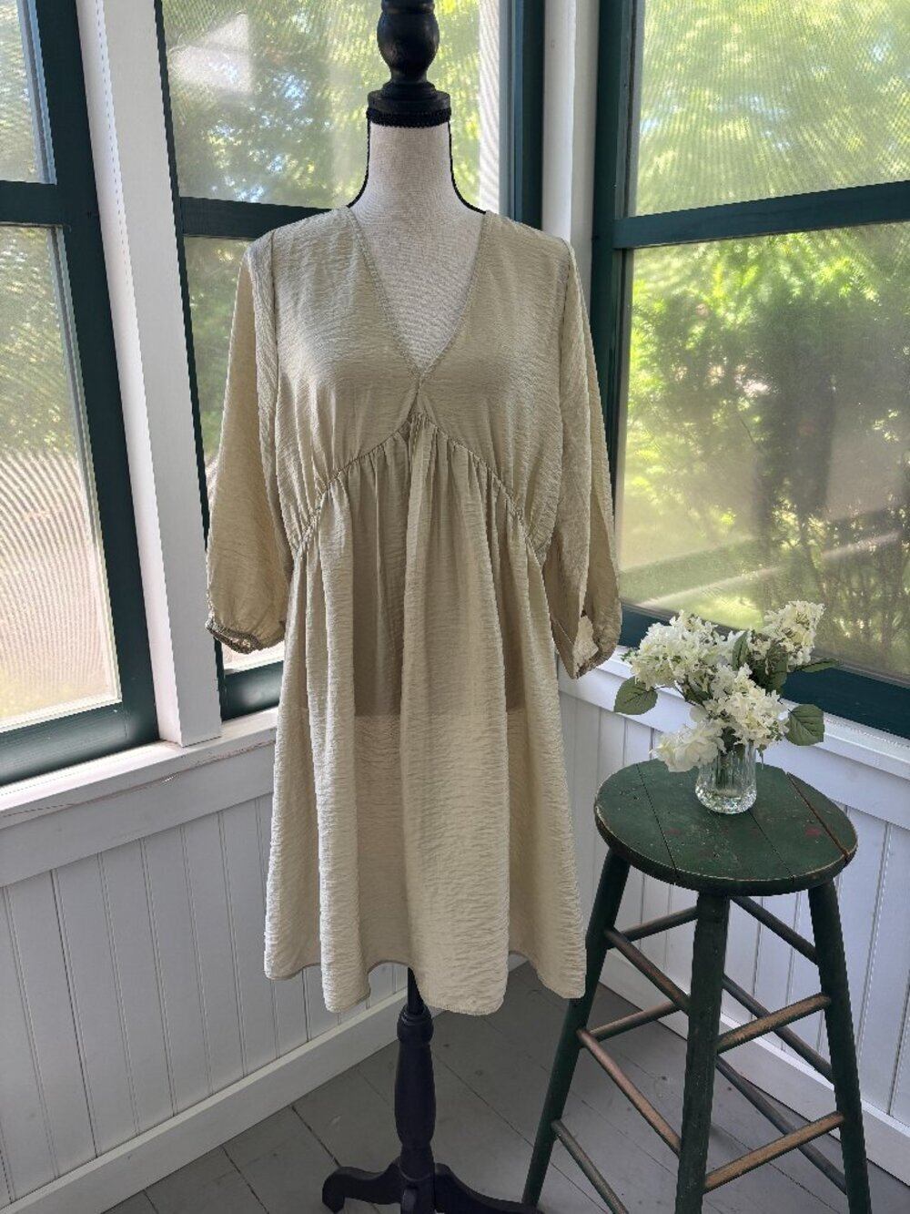 H&M Conscious Babydoll Midi Dress | Sandy Ecru | Size M | New with Tags - Picture 1 of 7